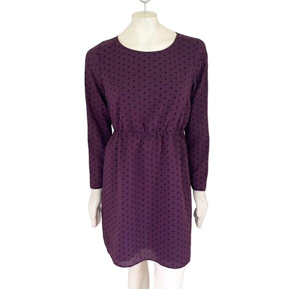 J.CREW Lightweight Long Sleeve Polkadot Dress in Eggplant & Black SZ 8 - Picture 1 of 9
